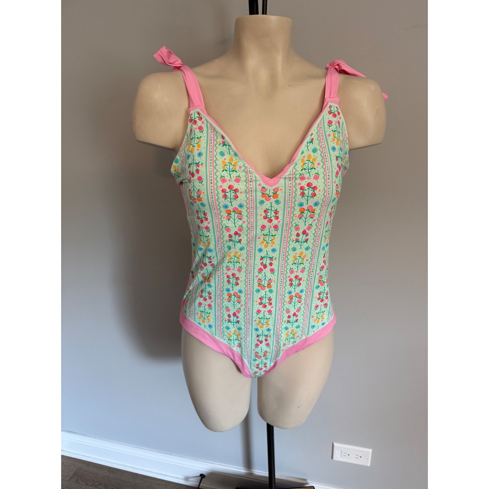 Beach Riot Womens Floral Strawberry Stripe Tie Shoulder One Piece Swimsuit L